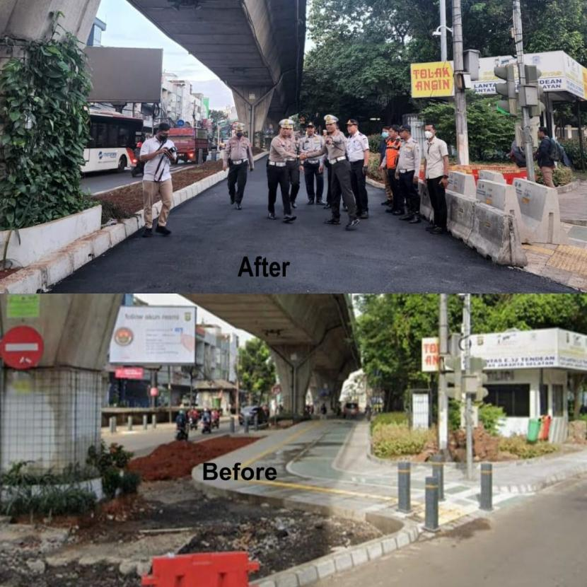 Kebijakan Pj Gubernur DKI Jakarta, Heru Budi Hartono tentang rekayasa lalu lintas (lalin) di kawasan pertigaan lampu merah Santa, Jakarta Selatan harus mengorbankan trotoar yang dibangun pada era Gubernur Anies Rasyid Baswedan.