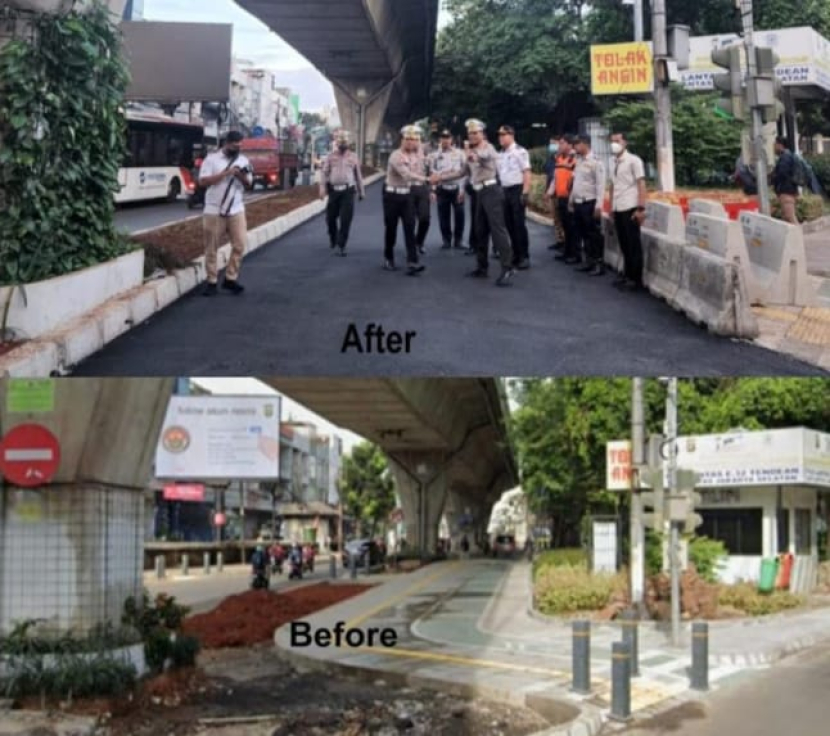 Trotoar di dekat Pasar Santa diganti dengan jalan raya. Nasib pejalan kaki bagaimana? Harus lebih giat lagi ikut program revitalisasi pedestrian (pejalan kaki).