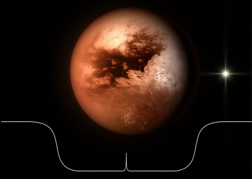 Ilustrasi 'kurva cahaya' yang dihasilkan sebuah bintang yang melintas di belakang Titan. Lonjakan di tengah kurva cahaya merepresentasikan kilasan pusat atmosfer Titan yang bertindak sebagai lensa dan membiaskan cahaya bintang menuju satu titik fokus. Gambar: NASA/ESA/C.Carreau