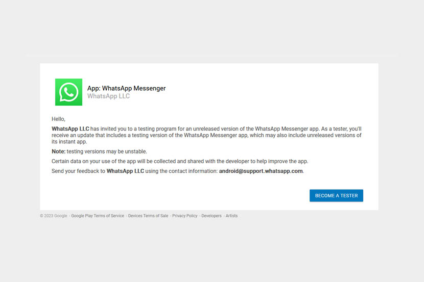 Halaman gabung Whatsapp Beta di situs resmi Google Play Store.